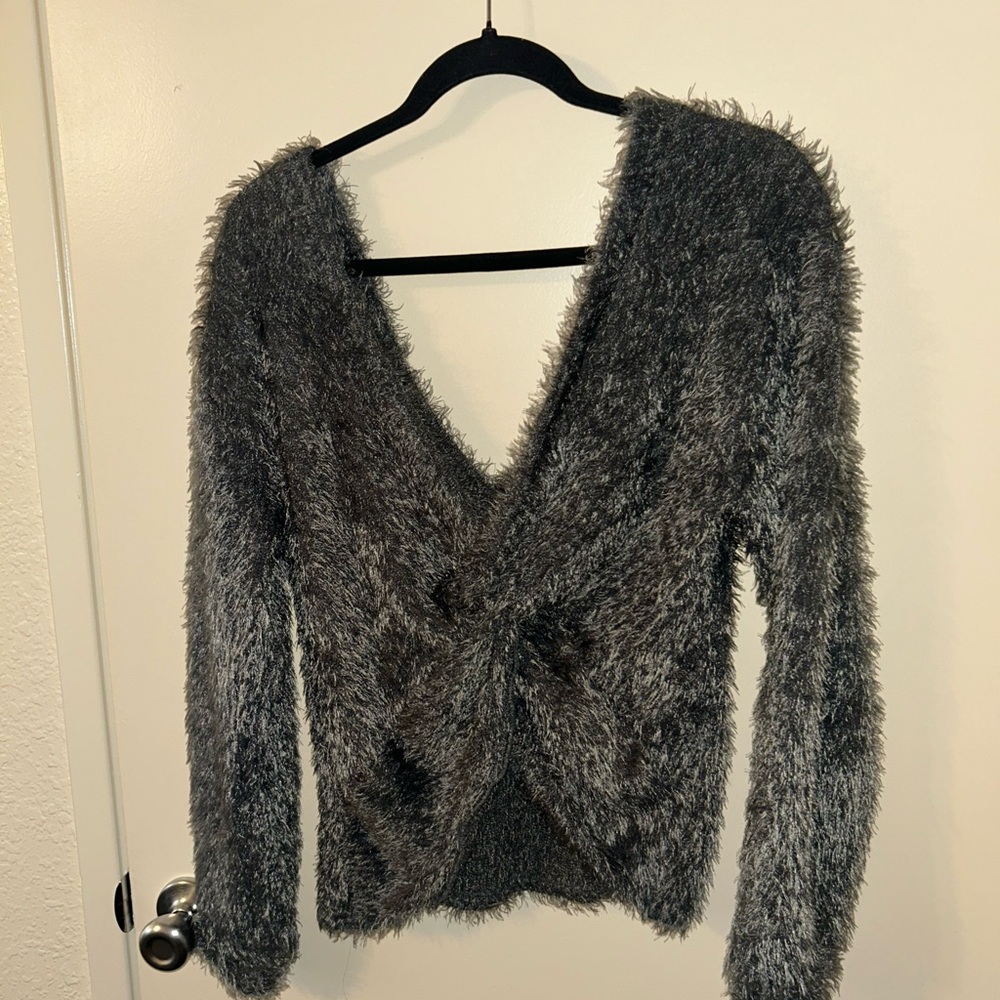 Lush Gray V-Neck Sweater with Fuzzy Texture